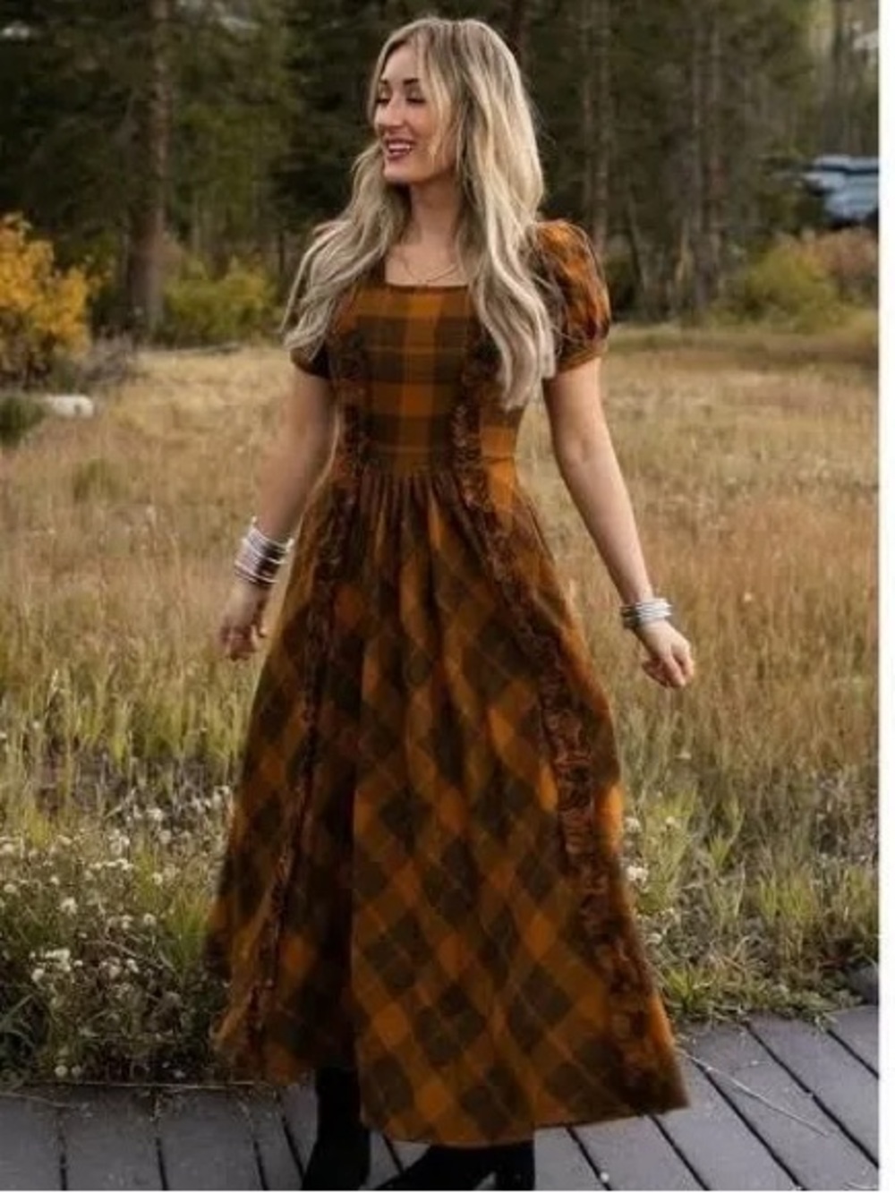 Ivy City Co Brown Plaid Ruffle Dress